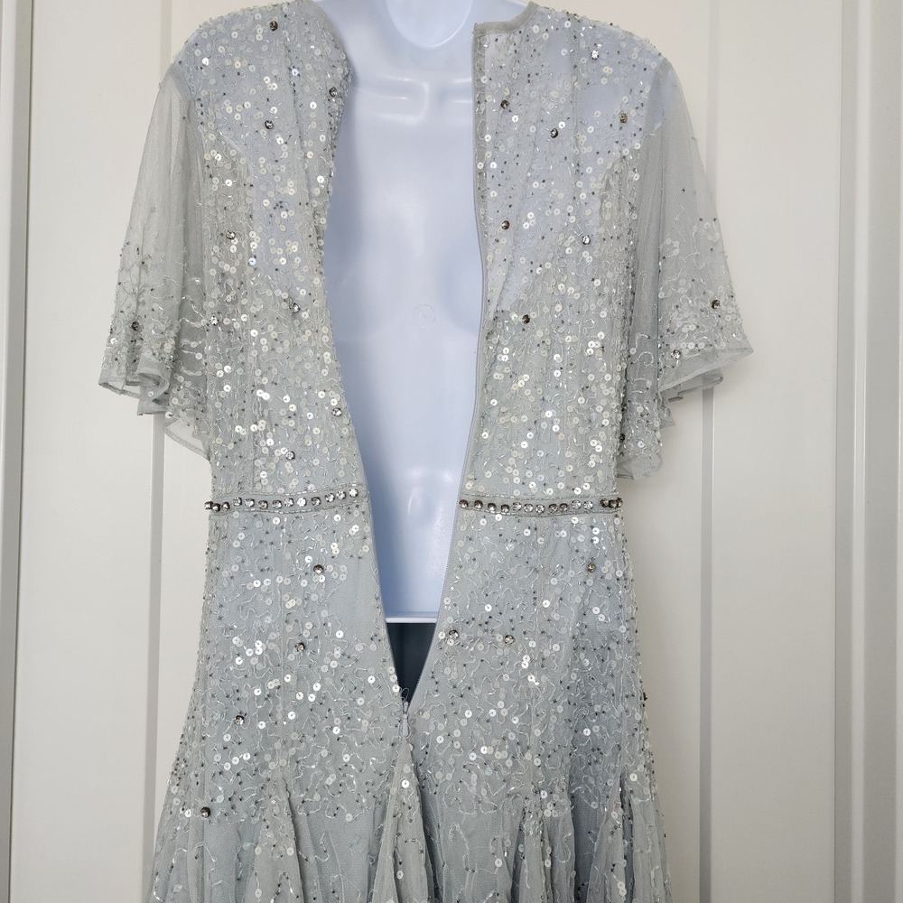 Mac Duggal Cape Sleeve Beaded Midi Dress Powder Blue Silver Ethereal Glam 6 $598 - Picture 9 of 16